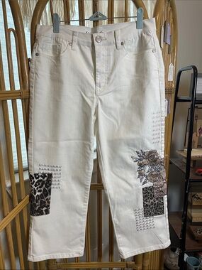 DG2 White embroidered animal print patchwork jean capris